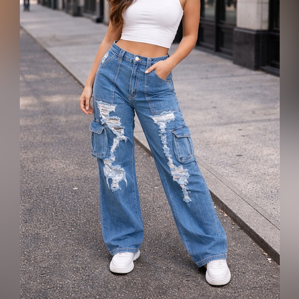Fashion Nova Blue Distressed Wide Leg Jeans